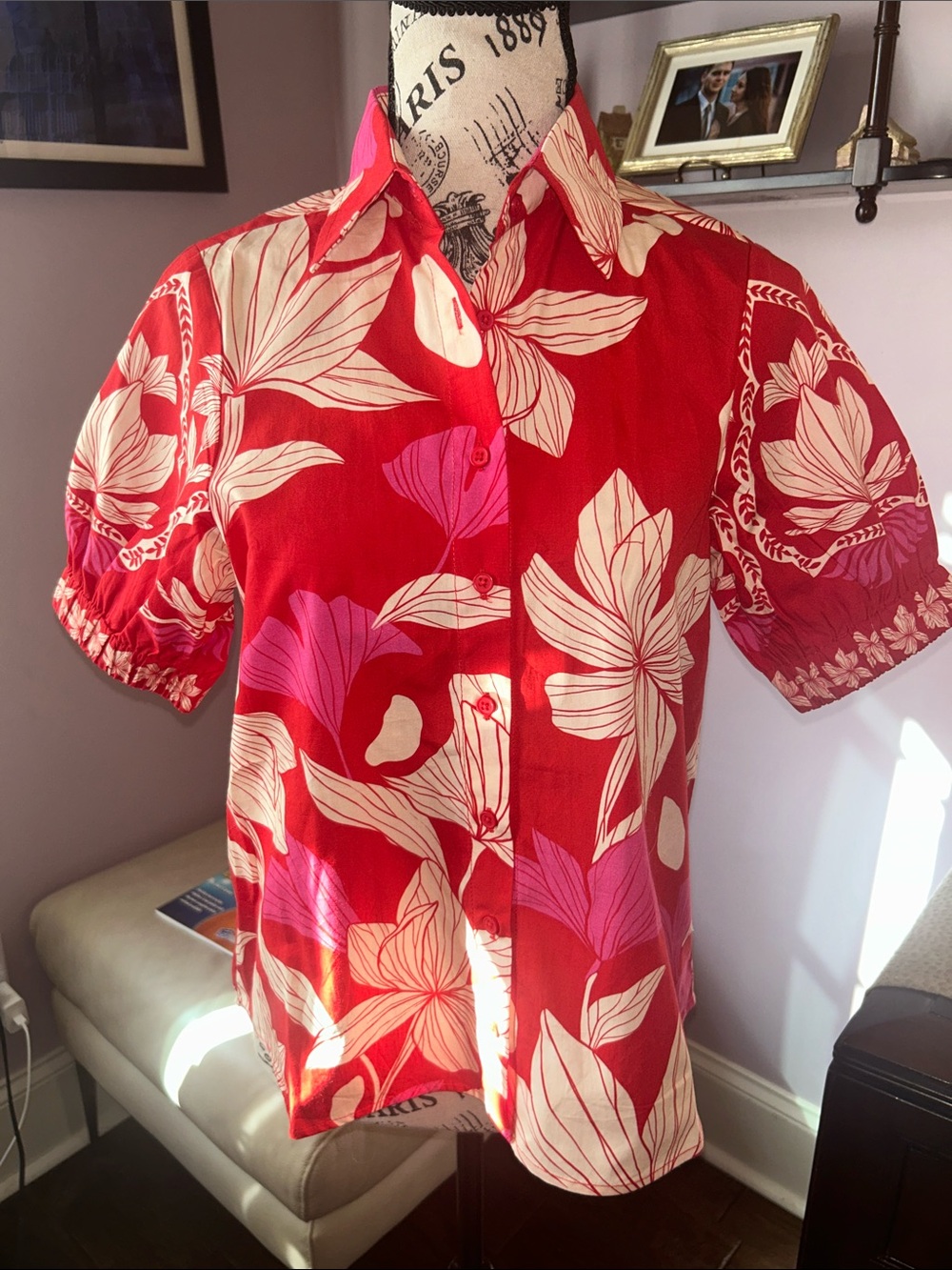 Red Floral Button-Down Shirt with Short Puff Sleeves